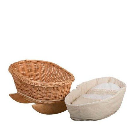 10. Wicker rocking cradle with removable white bedding shown separately