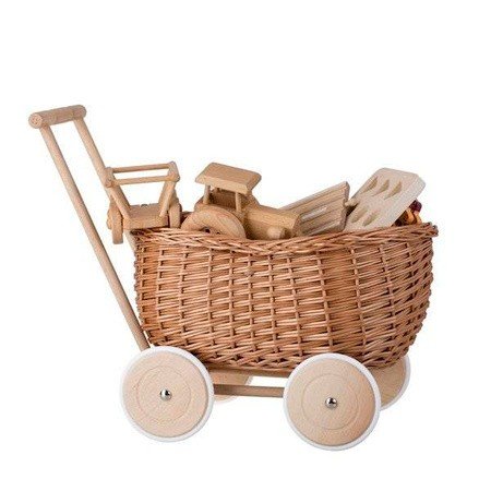 1. Wicker Stories toy trailer filled with wooden toys, featuring a wicker basket and wooden wheels, ideal for children's play