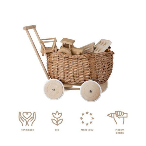 2. Wicker Stories toy trailer with wooden toys, showcasing eco-friendly design icons below