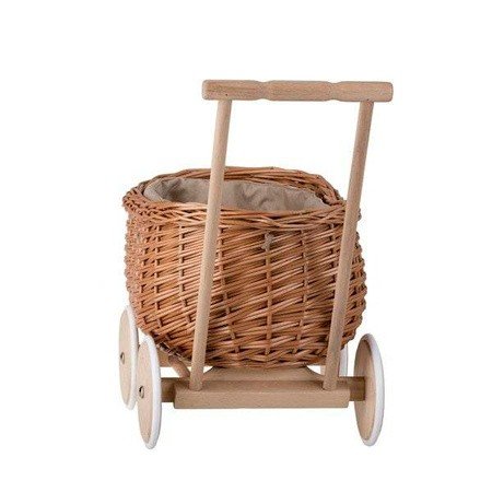 2. Rear view of Wicker Stories toy trailer showing wicker basket and wooden handle