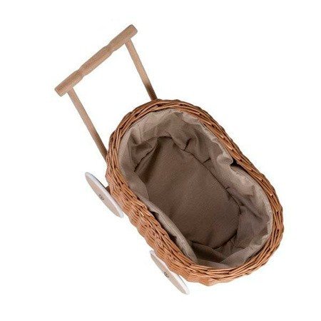 3. Top view of Wicker Stories toy trailer showing removable fabric lining inside wicker basket