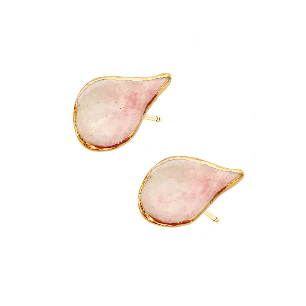 3. Studio image of SCULP Wild Cherry Leaf STUD earrings with pink ceramic and gold-over sterling silver