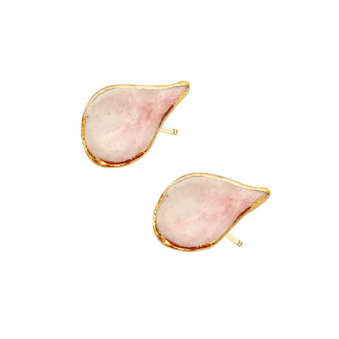 3. Studio image of SCULP Wild Cherry Leaf STUD earrings with pink ceramic and gold-over sterling silver