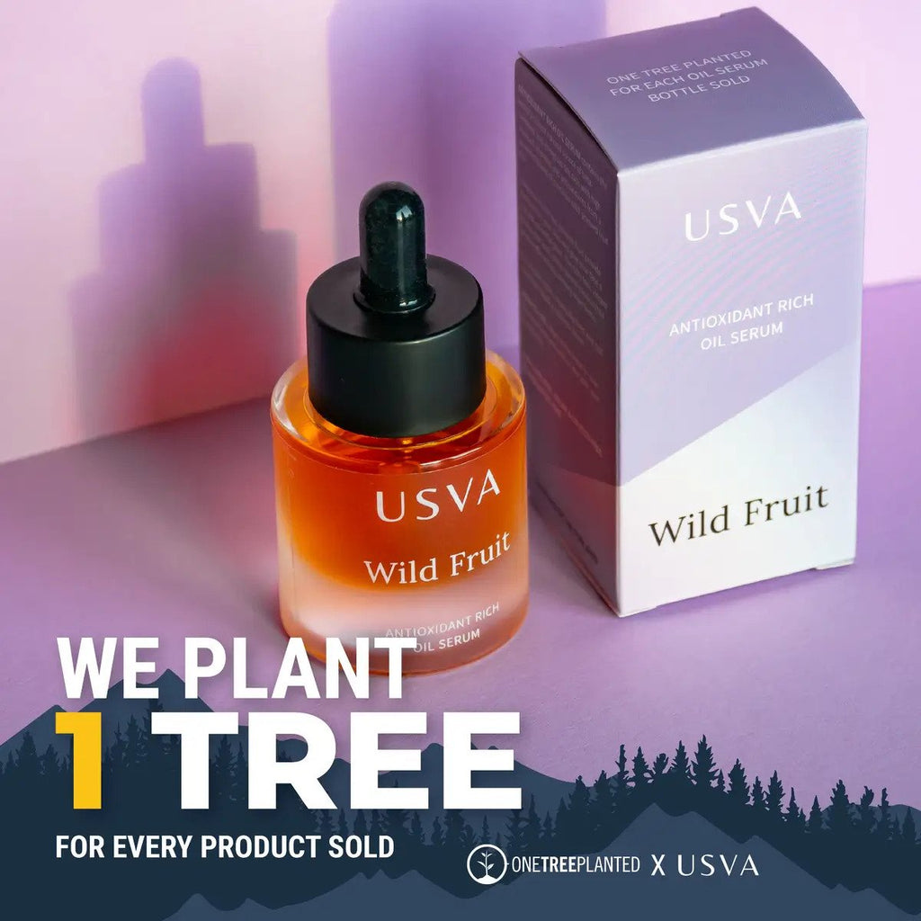 2. Usva Cosmetics Wild Fruit Antioxidant Rich Oil Serum with packaging, promoting tree planting initiative