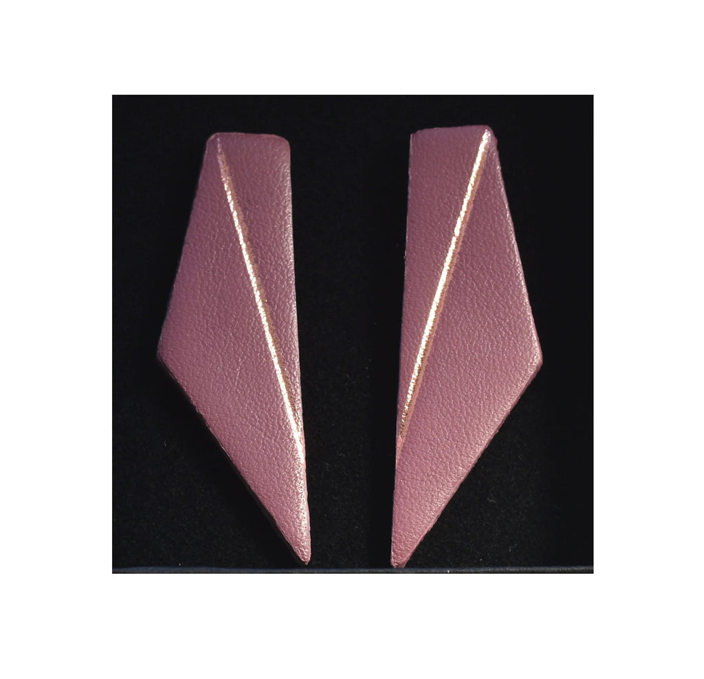 7. Dark dusty pink Gerda Retter Design Short Wings Earrings on black background, highlighting unique shape