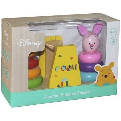 2. Packaged Disney wooden balance stacker with Winnie the Pooh and Piglet, featuring colorful rings and educational design, suitable for ages 24 months and up