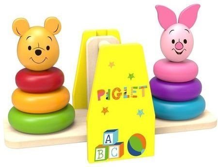 1. Wooden balance stacker featuring Winnie the Pooh and Piglet with colorful rings on a wooden base, showcasing playful design and educational elements