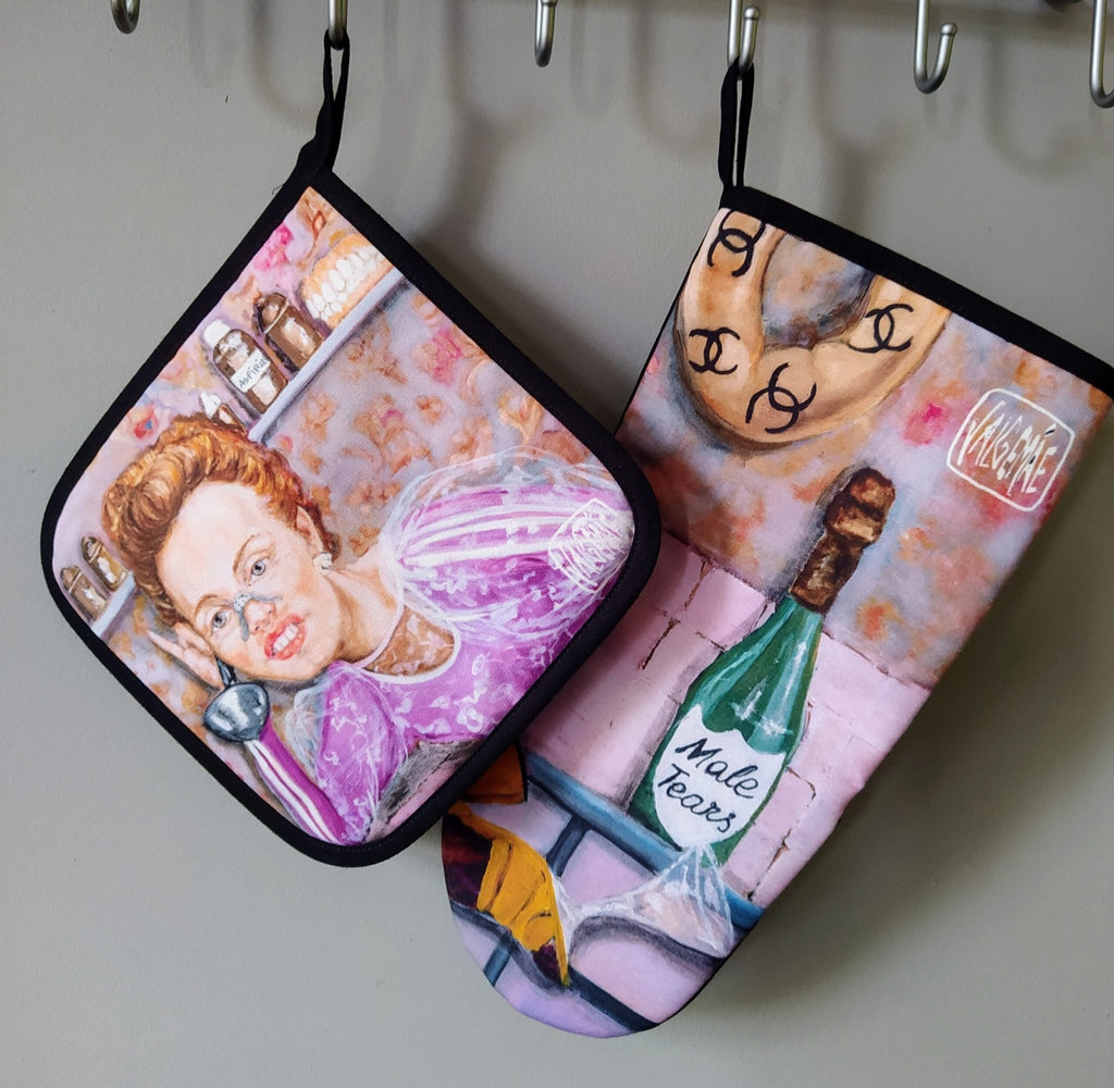 2. Set of Katrin Valgemäe pot holder and oven mitt with pop art design, including a portrait and 'Male Tears' bottle