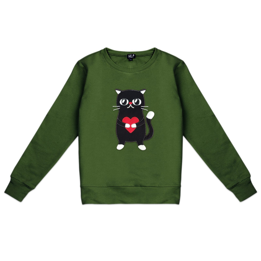 3. Women's HILP Heartful Cat Sweatshirt in dark green, featuring a cute cat with heart design, studio shot