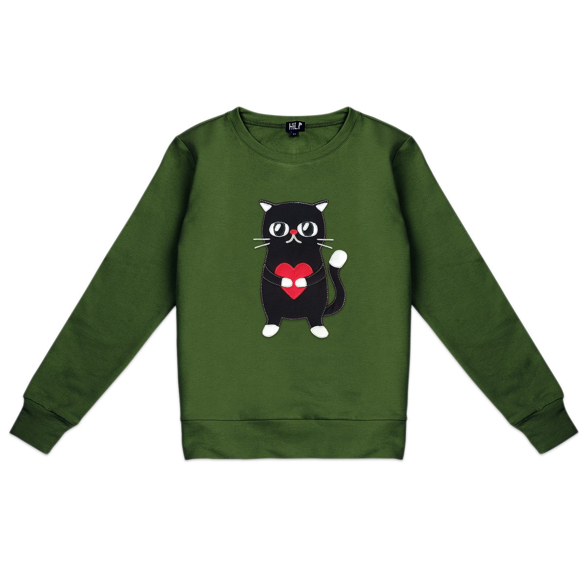 3. Women's HILP Heartful Cat Sweatshirt in dark green, featuring a cute cat with heart design, studio shot
