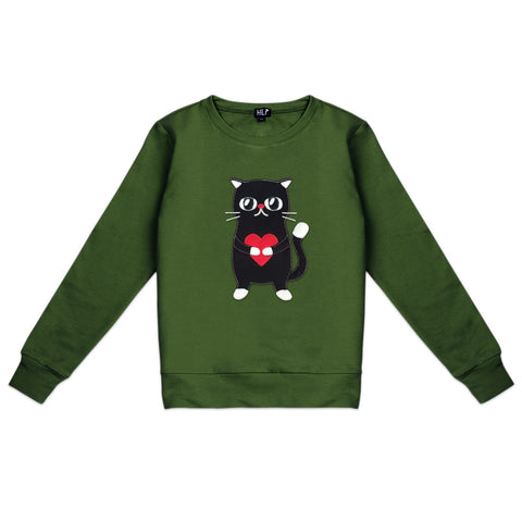 3. Women's HILP Heartful Cat Sweatshirt in dark green, featuring a cute cat with heart design, studio shot
