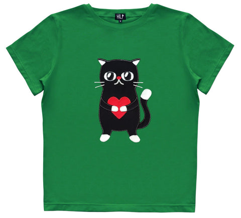 3. Women's Heartful Cat T-Shirt in green by HILP, displaying a black cat with a red heart, studio shot