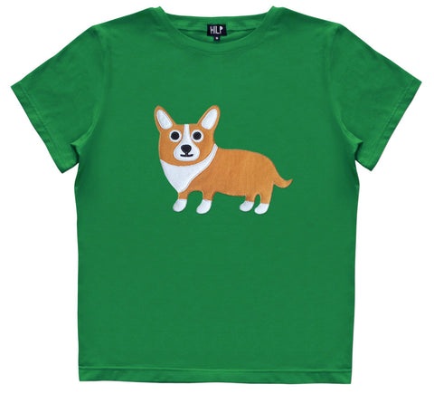 1. Women's green Corgi T-shirt by HILP, featuring a cute corgi graphic, made from eco-friendly cotton blend