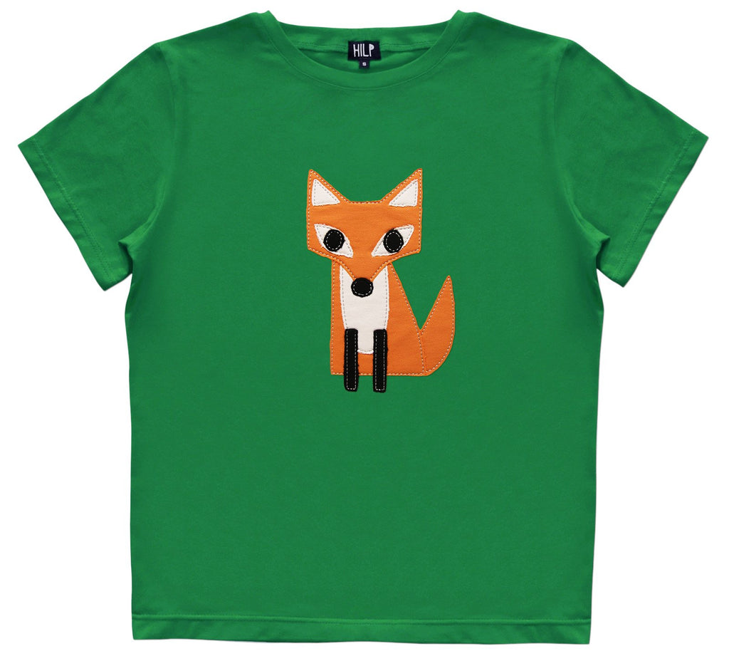 4. Women's green HILP Fox T-Shirt with a playful orange fox graphic, studio photo