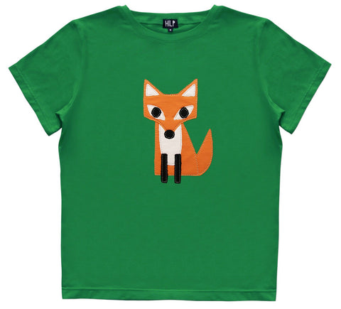 4. Women's green HILP Fox T-Shirt with a playful orange fox graphic, studio photo