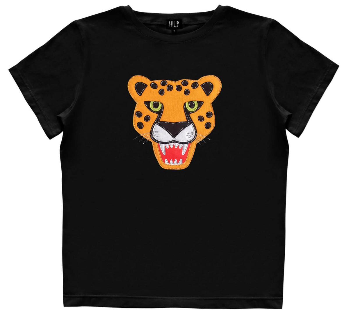 2. Women's black cheetah t-shirt by HILP featuring bold cheetah face graphic, shown in studio setting