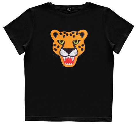 2. Women's black cheetah t-shirt by HILP featuring bold cheetah face graphic, shown in studio setting