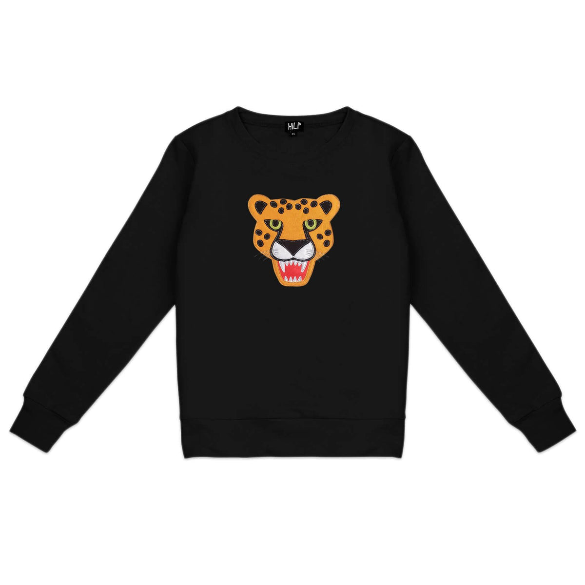 2. Women's black cheetah sweatshirt by HILP, featuring a bold cheetah face graphic, shown in studio setting