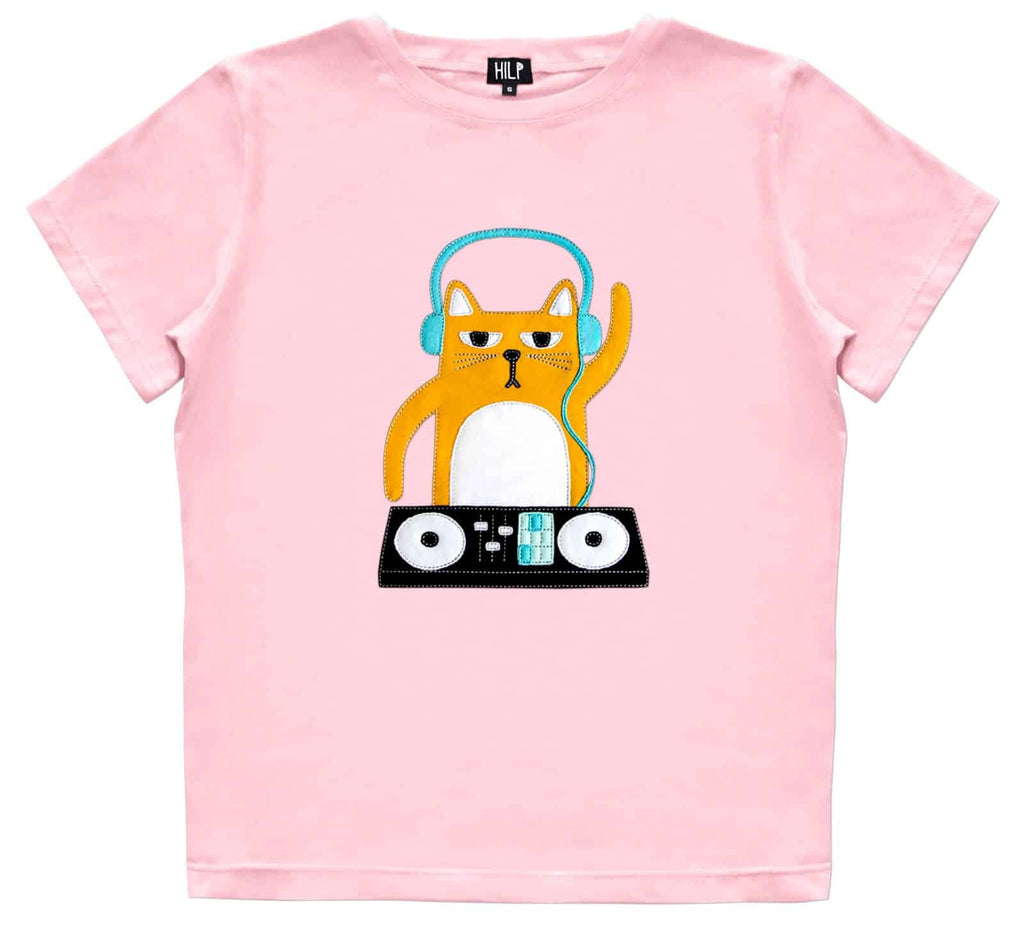 3. Women's DJ Cat T-Shirt in soft pink by HILP, displaying quirky cat graphic with headphones and DJ gear, regular fit, studio setting