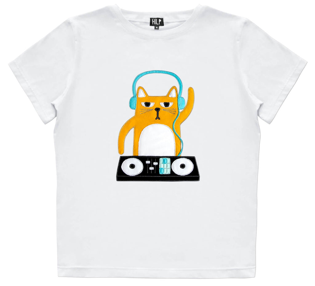 2. Women's DJ Cat T-Shirt in classic white by HILP, showcasing fun cat design with headphones and DJ setup, regular fit, studio setting