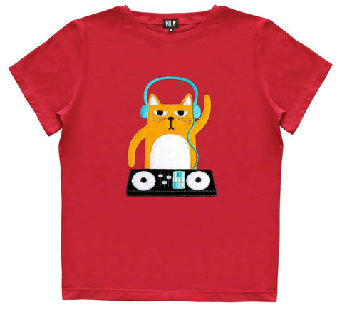 1. Women's DJ Cat T-Shirt in vibrant red by HILP, featuring playful cat graphic with headphones and DJ equipment, regular fit, studio setting