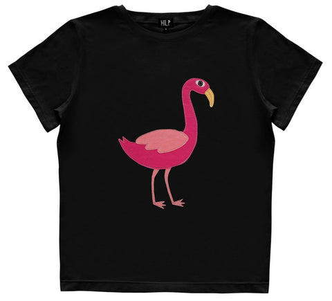 5. Women's Flamingo T-Shirt in black with pink flamingo motif, studio shot