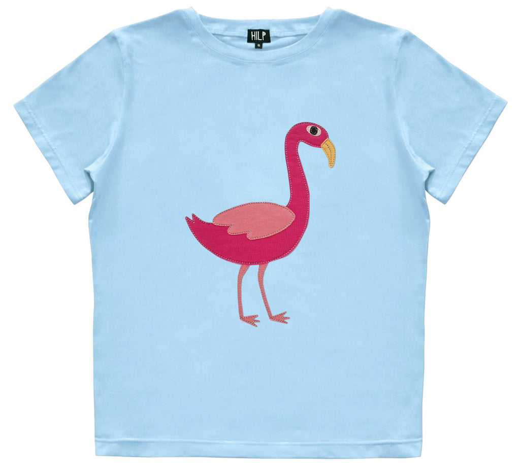2. Women's Flamingo T-Shirt in light blue with pink flamingo graphic, studio shot