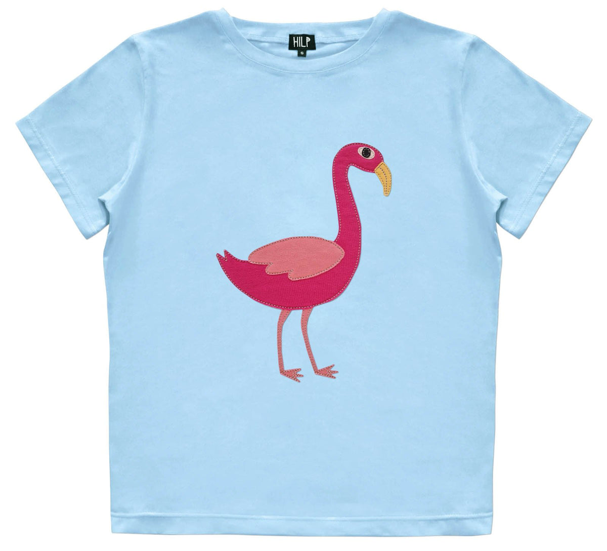 2. Women's Flamingo T-Shirt in light blue with pink flamingo graphic, studio shot