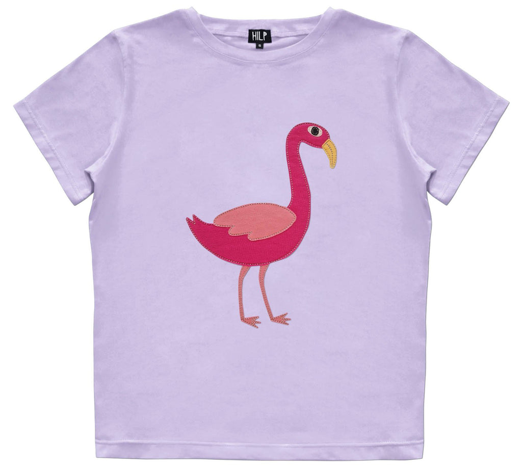 6. Women's Flamingo T-Shirt in purple with embroidered pink flamingo, studio shot