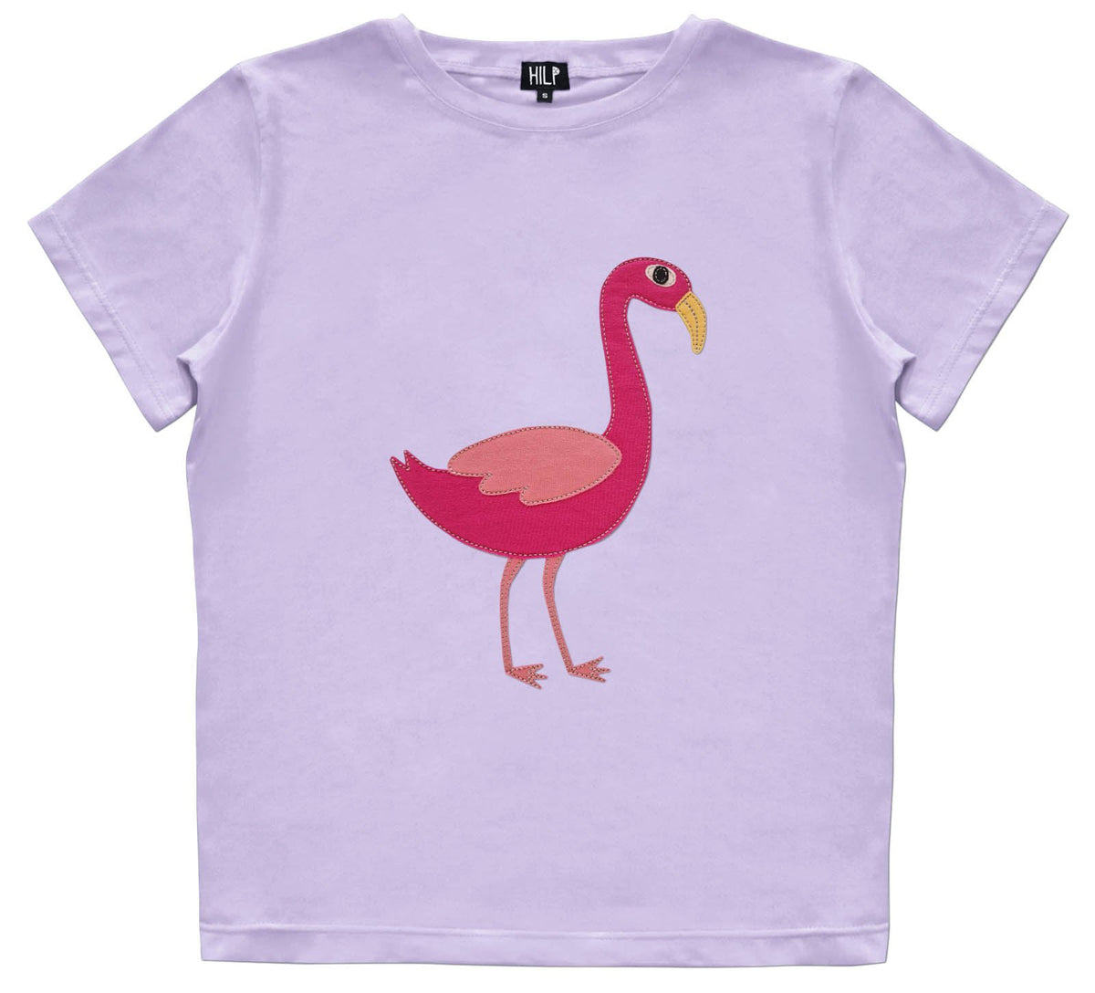 6. Women's Flamingo T-Shirt in purple with embroidered pink flamingo, studio shot