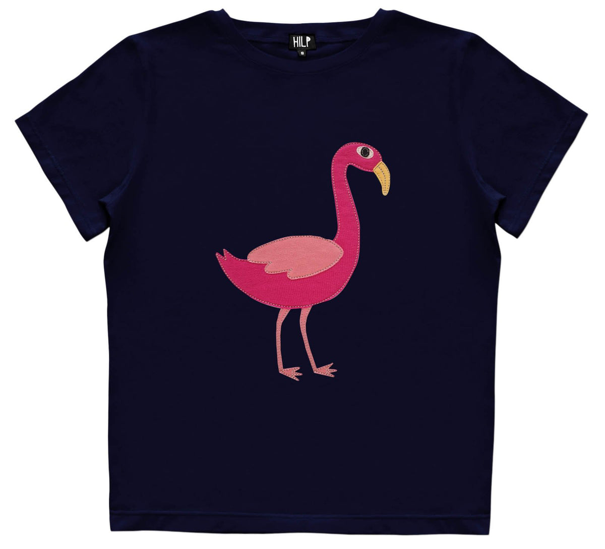 3. Women's Flamingo T-Shirt in navy blue featuring pink flamingo design, studio shot