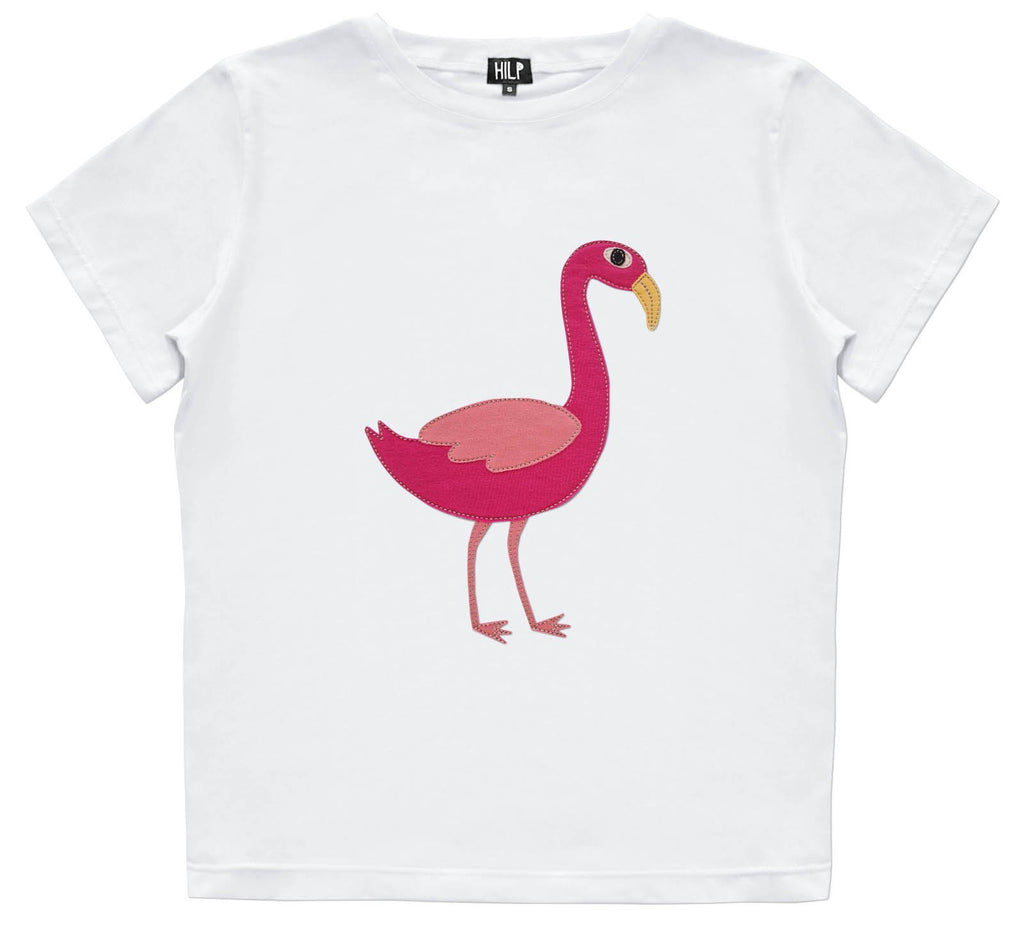 4. Women's Flamingo T-Shirt in white with pink flamingo print, studio shot
