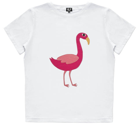 4. Women's Flamingo T-Shirt in white with pink flamingo print, studio shot