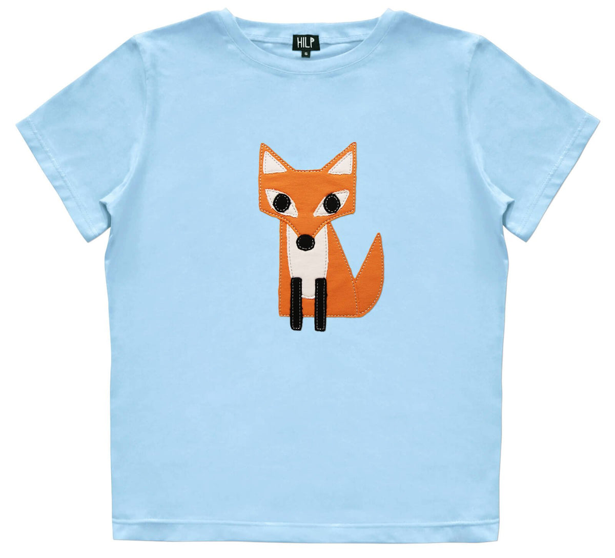 2. Women's light blue HILP Fox T-Shirt with orange fox design, studio setting
