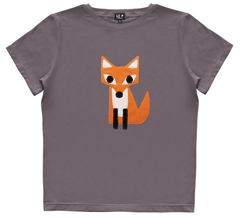 1. Women's grey HILP Fox T-Shirt featuring an orange fox graphic, studio shot