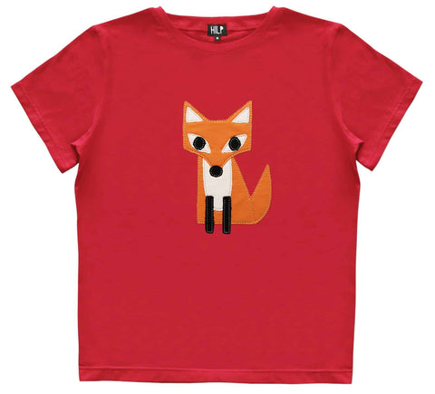 3. Women's red HILP Fox T-Shirt showcasing an orange fox motif, studio image