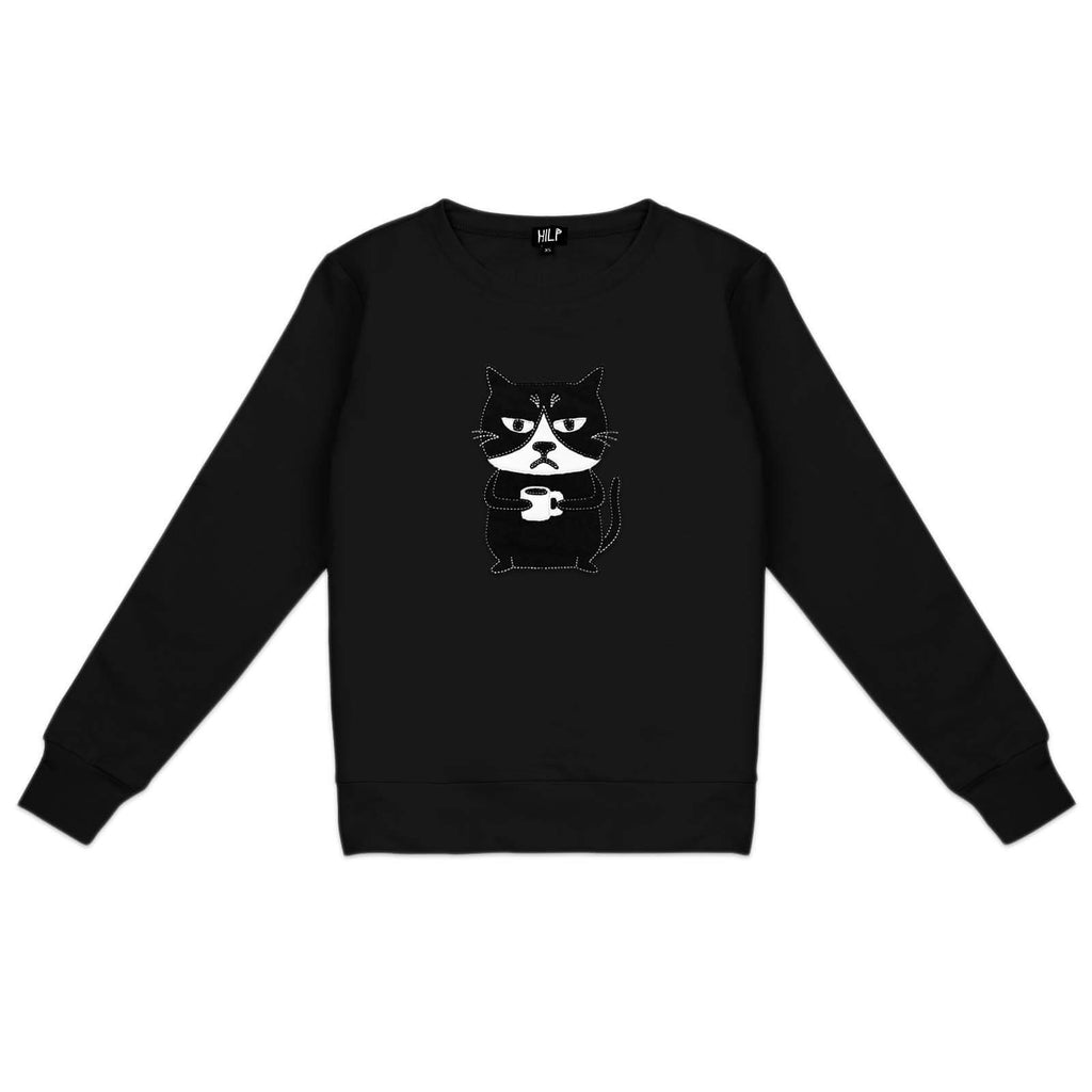 2. Women's black Grumpy Cat sweatshirt by HILP, featuring a playful cat graphic, shown in studio setting