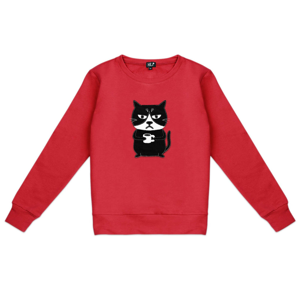 3. Women's red Grumpy Cat sweatshirt by HILP, featuring a playful cat graphic, shown in studio setting