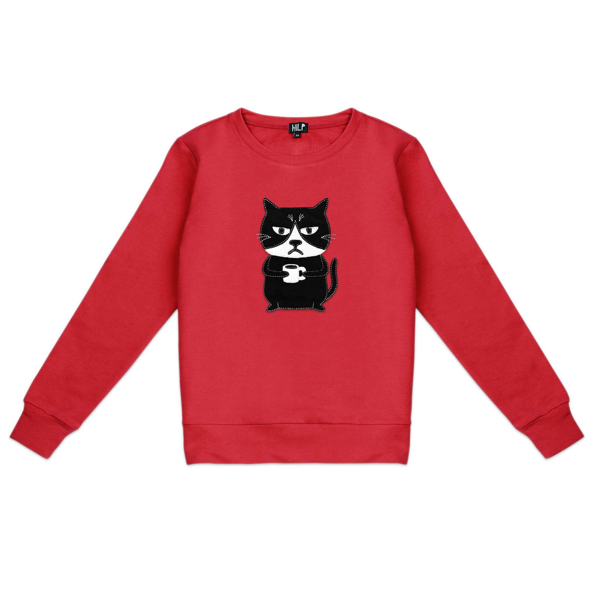 3. Women's red Grumpy Cat sweatshirt by HILP, featuring a playful cat graphic, shown in studio setting