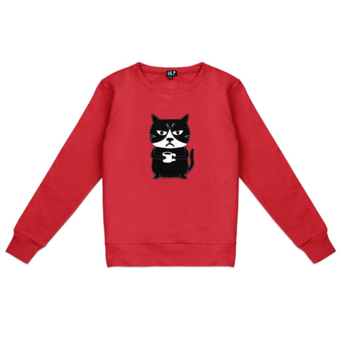 3. Women's red Grumpy Cat sweatshirt by HILP, featuring a playful cat graphic, shown in studio setting