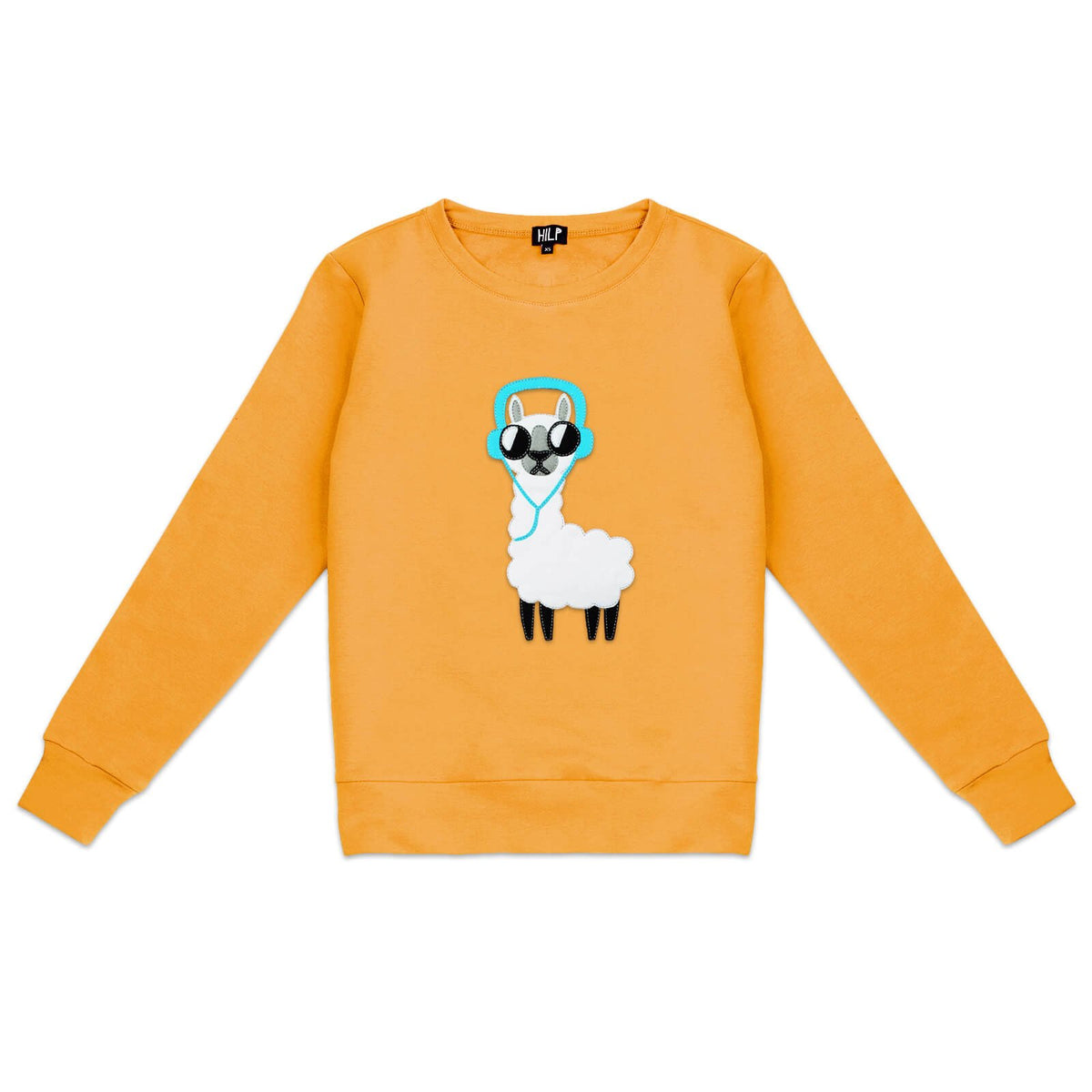 2. Women's yellow No Drama Llama sweatshirt by HILP, featuring a playful llama graphic, studio shot
