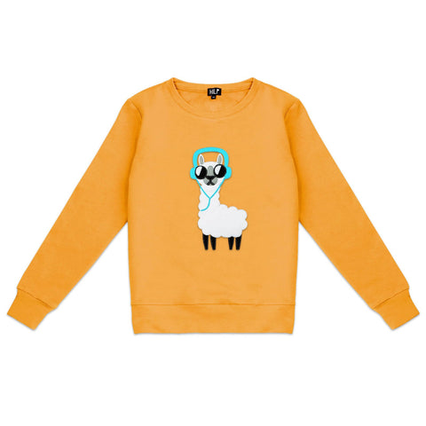 2. Women's yellow No Drama Llama sweatshirt by HILP, featuring a playful llama graphic, studio shot