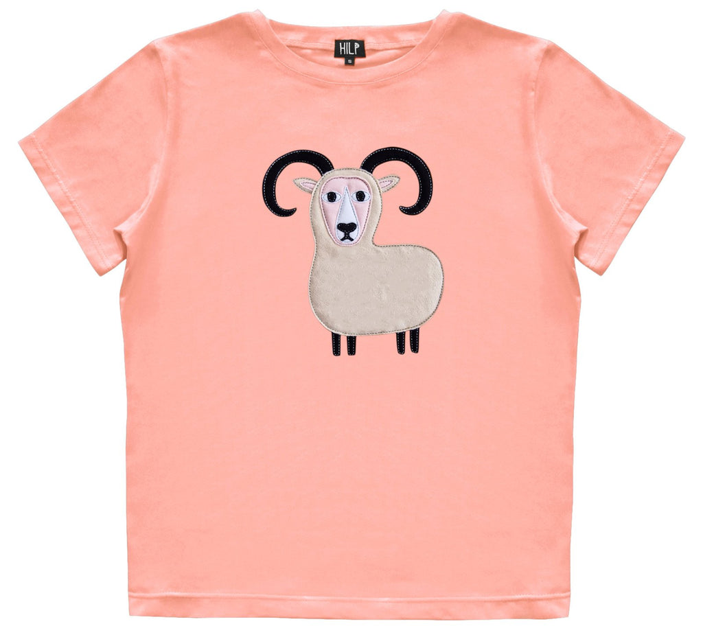 2. Women's Aries T-shirt by HILP in light pink with ram graphic, studio shot