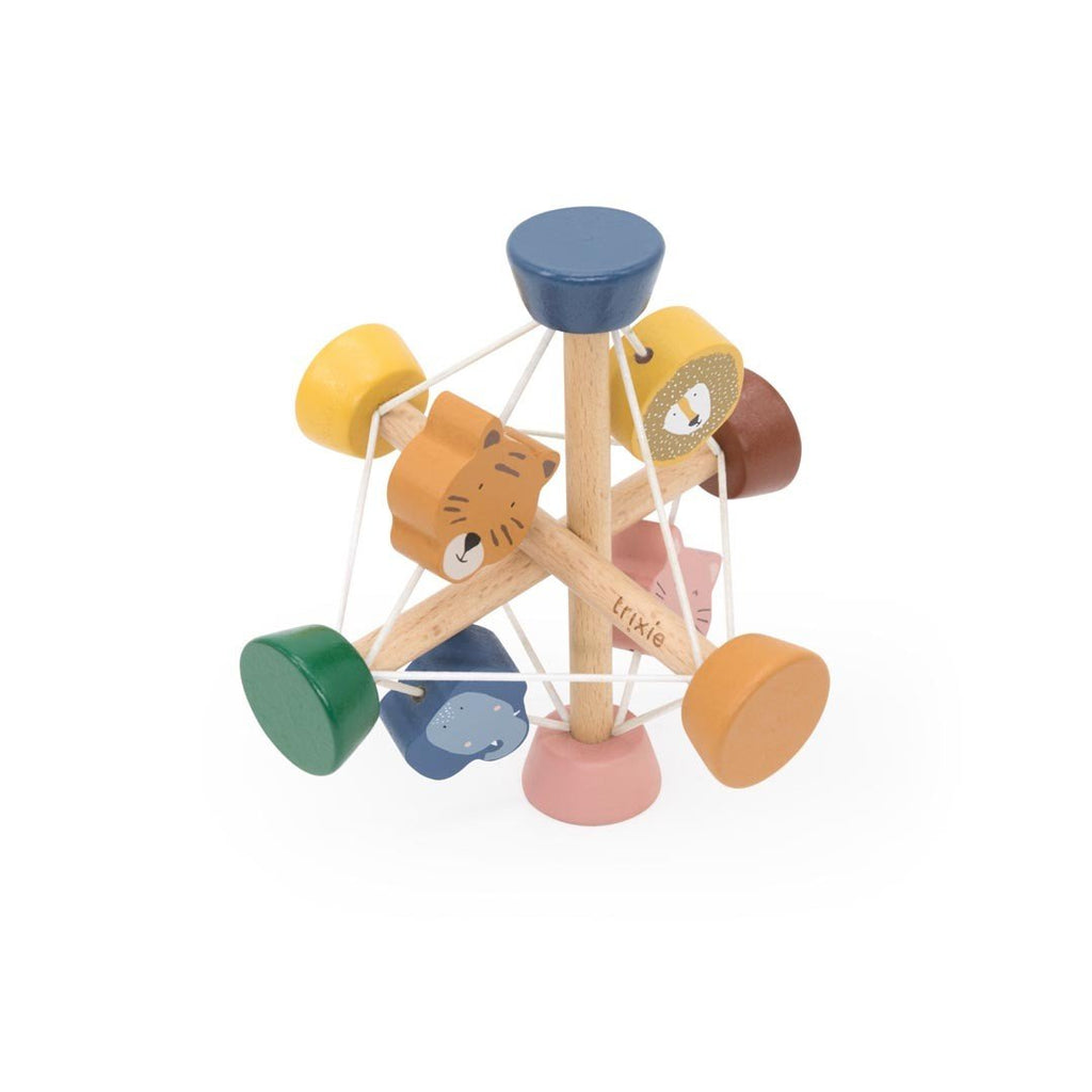 3. Close-up of Trixie Baby Wooden Activity Ball highlighting colorful animal faces and elastic design