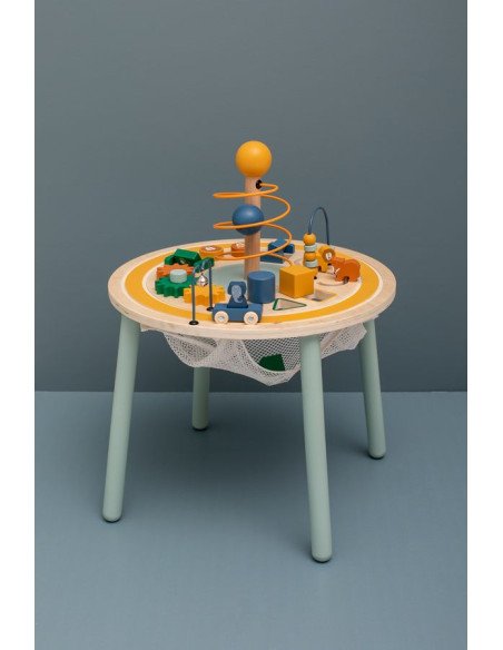 3. Trixie Baby Wooden Educational Table showcasing toy car track, gears, and animal figurines in a studio setting