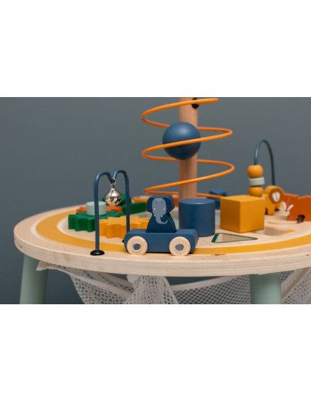 8. Side view of Trixie Baby Wooden Educational Table featuring toy car track and spiral slide