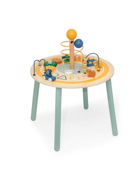 2. Trixie Baby Wooden Educational Table with interactive elements including toy car track, gears, and animal figurines on a clean background
