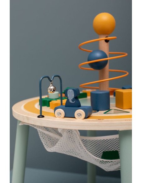 7. Detail of Trixie Baby Wooden Educational Table with toy car and bell gate
