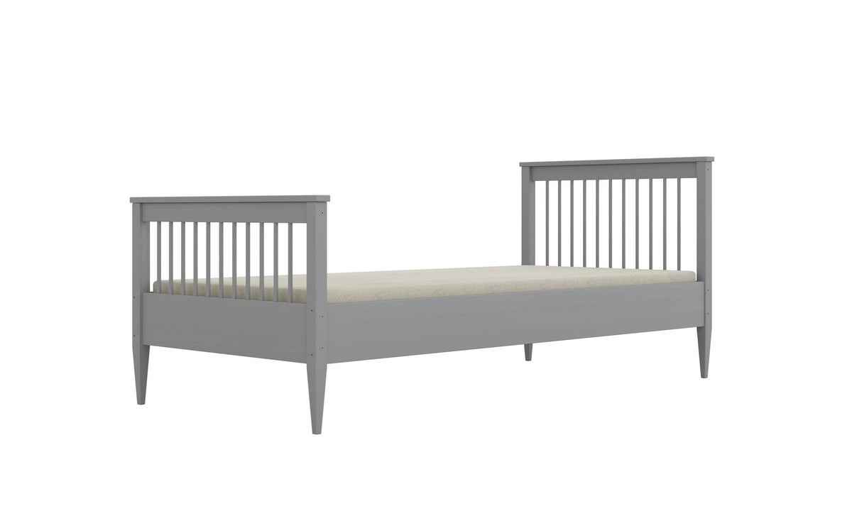 6. Gray wooden bed with slatted headboard and footboard in studio lighting