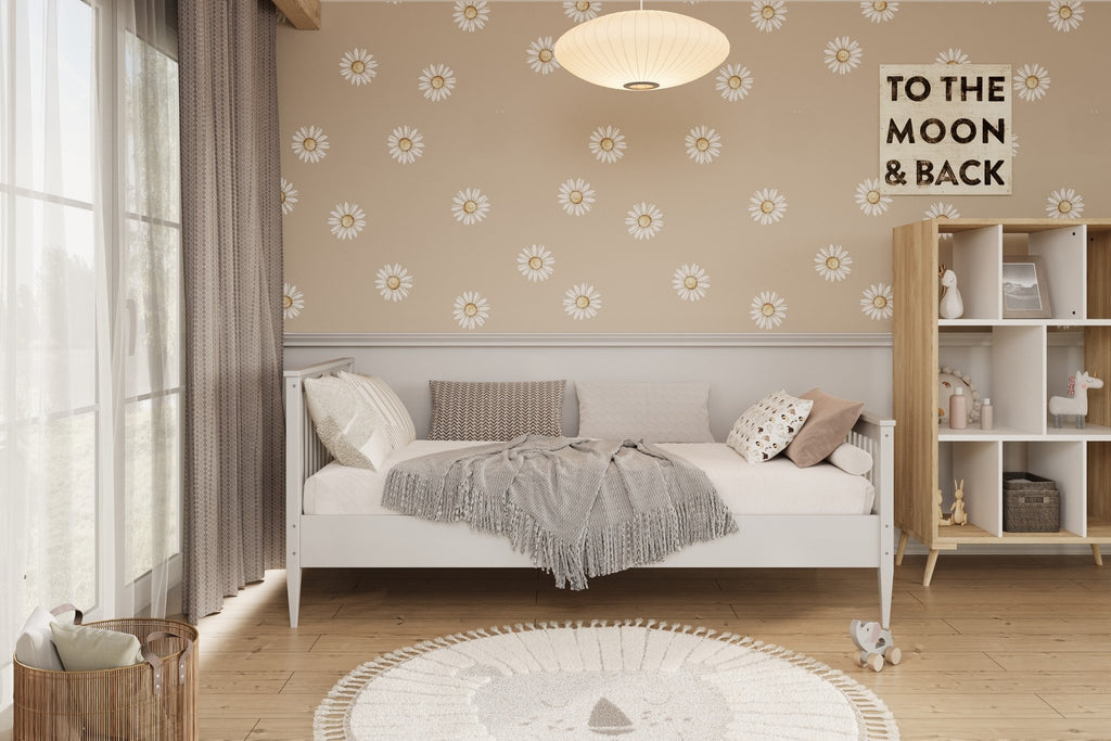 5. White wooden bed in bright bedroom with floral wallpaper and decorative pillows